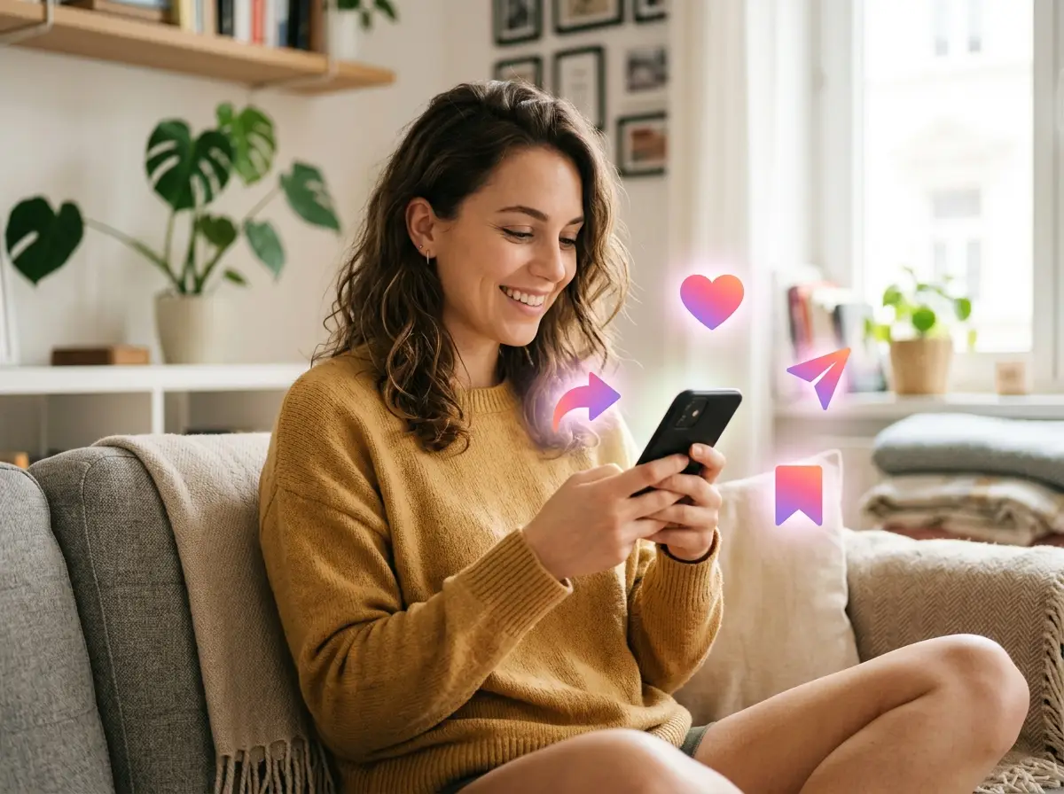 criadora de conteúdo vendo pelo celular o engajamento do seu post no Instagram