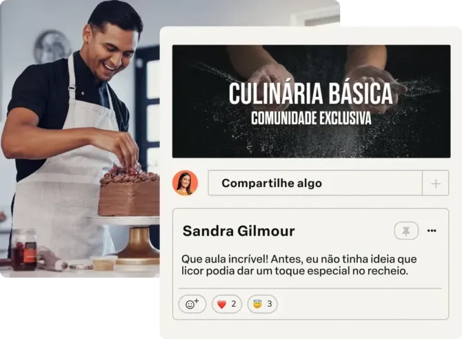 Homem decora um bolo enquanto a interface de uma comunidade digital exclusiva chamada Culinária Básica exibe o comentário de uma aluna elogiando a aula.