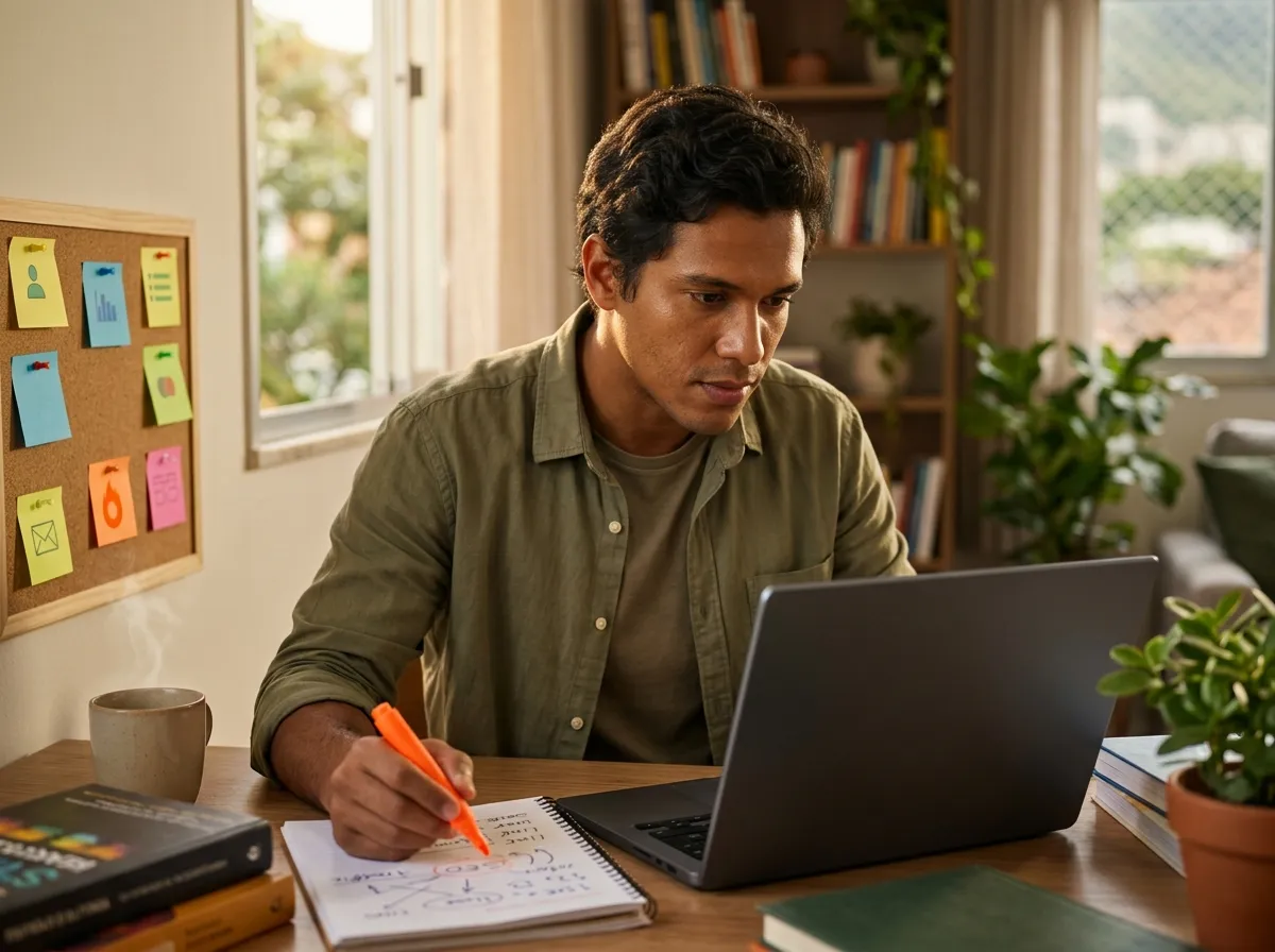 Pessoa estudando e fazendo anotacoes sobre SEO em seu escritorio em casa, relacionando pesquisa de palavras-chave do Google Keyword Planner com estrategia de conteudo organico.
