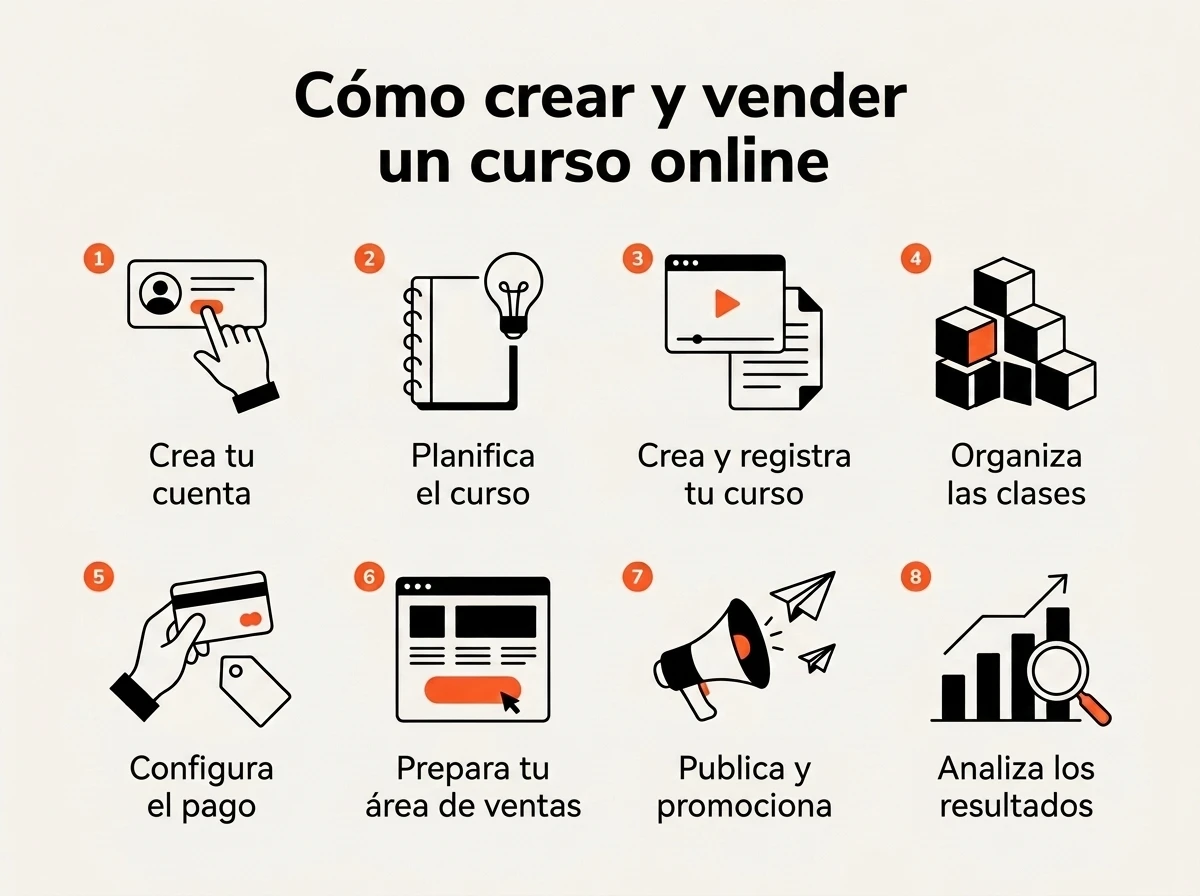Infografía con los 8 pasos para crear un curso en la plataforma: crear la cuenta, planificar, registrar el curso, organizar las clases, configurar el pago, preparar las ventas, promocionar y analizar resultados.