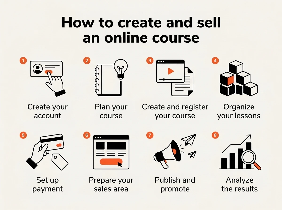 Infographic showing the 8 steps to create a course on the platform: create an account, plan, register the course, organize lessons, set up payment, prepare sales, promote and analyze results.