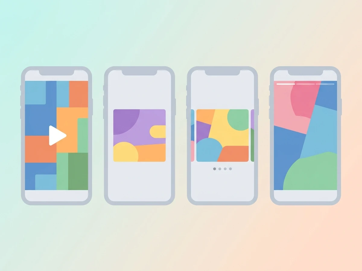 illustration with the reels, static feed, carousel and stories formats on Instagram