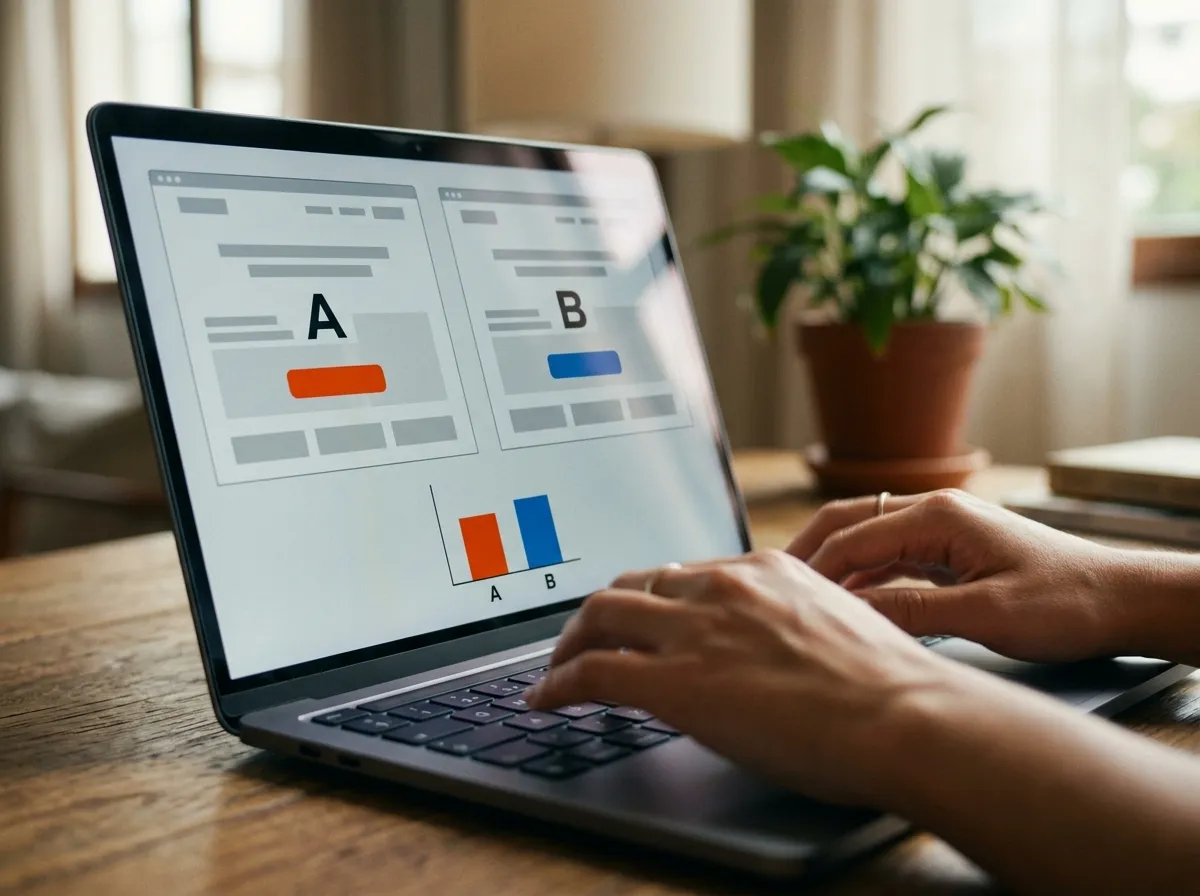 Notebook mostrando una prueba A/B de conversión en una página de ventas, ejemplo de CRO (optimización de conversión) en marketing digital.