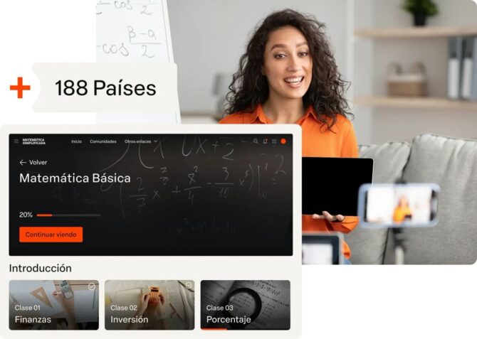 Mujer graba una clase de matemáticas con laptop y celular, junto a la interfaz de una plataforma de cursos online que llega a más de 188 países.