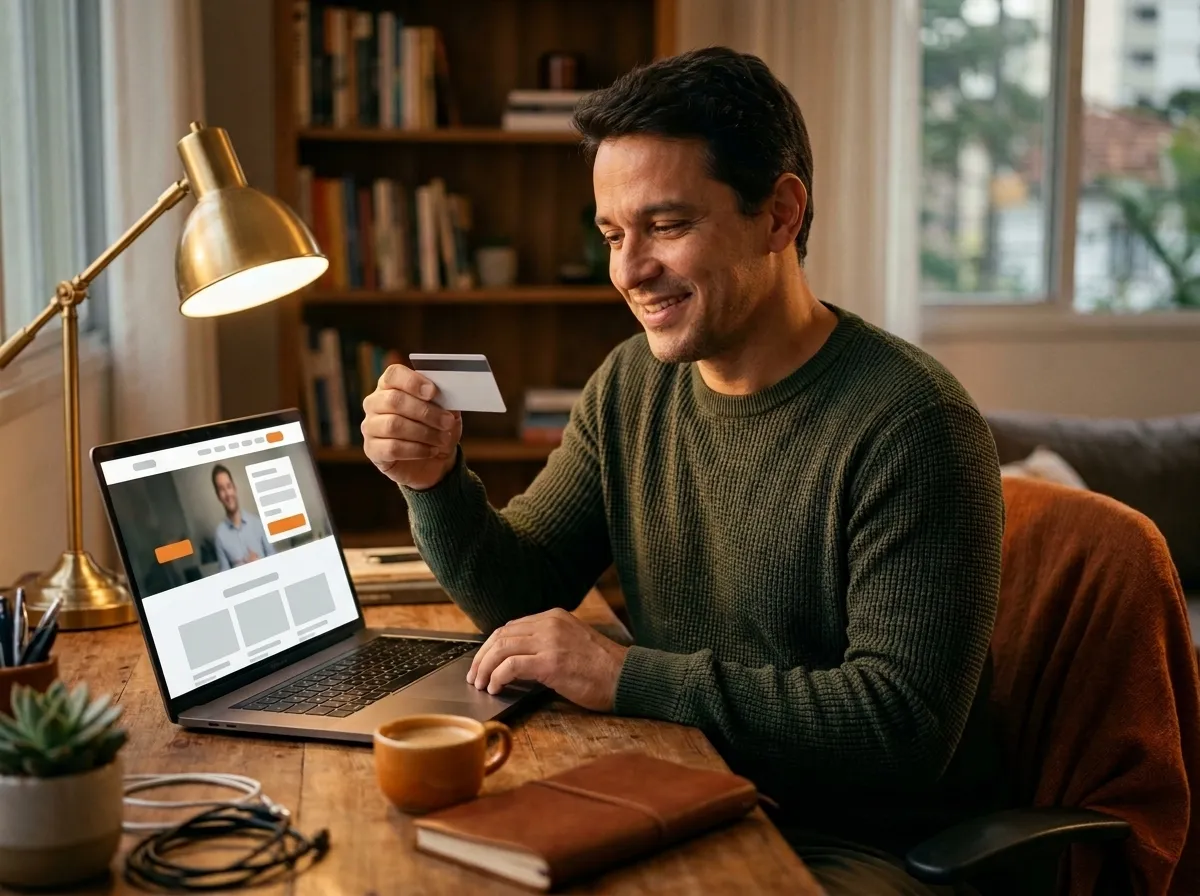 Hombre compra un curso online desde su portátil con la tarjeta de crédito en la mano, mostrando el checkout de la mejor plataforma para vender cursos online de forma simple y segura.
