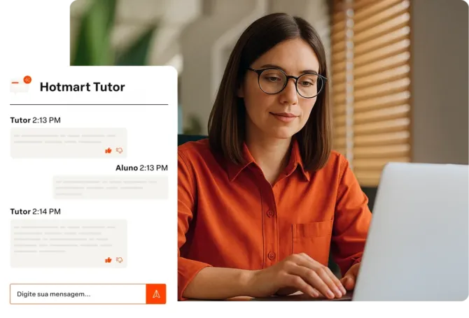 Mulher usa notebook ao lado do chat Hotmart Tutor, inteligência artificial que responde alunos automaticamente — a melhor plataforma de curso online com IA.