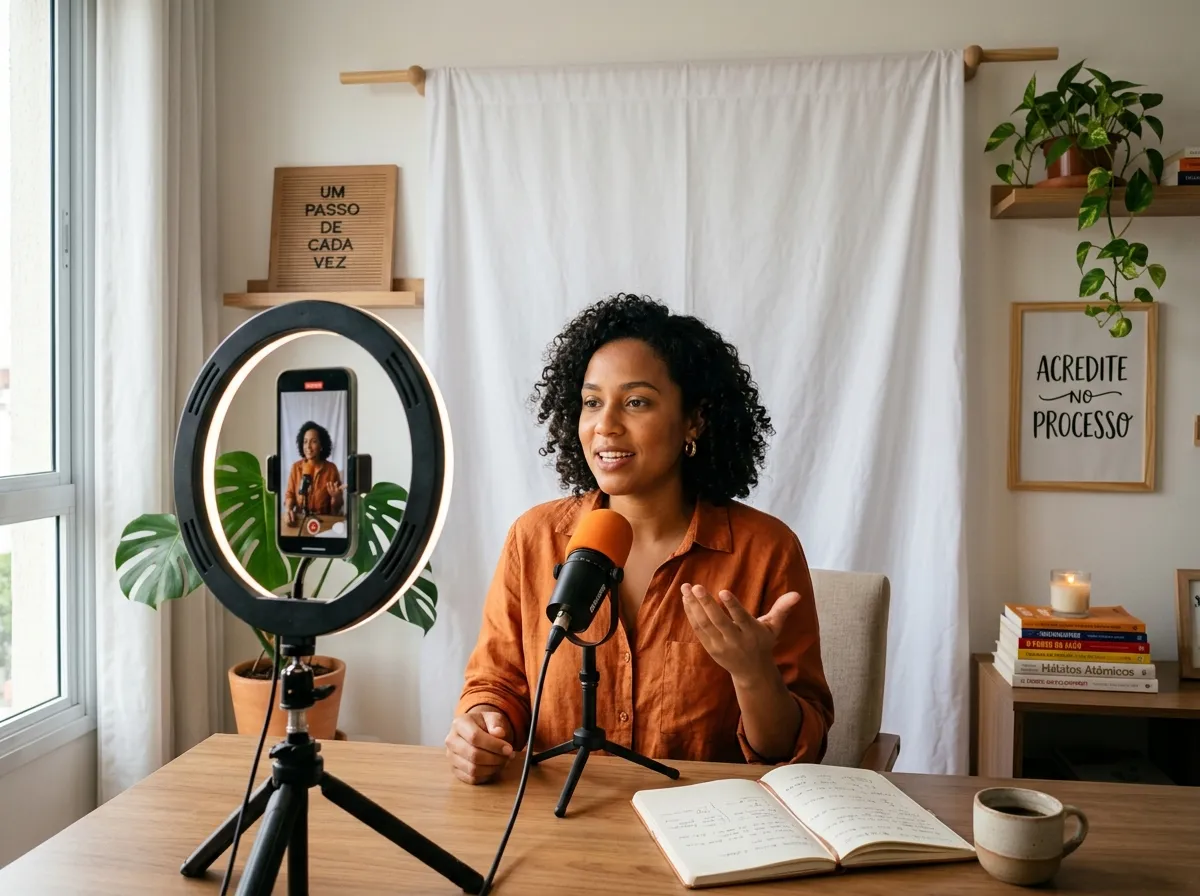 Creator de desenvolvimento pessoal grava aulas do curso online em casa com ring light e microfone, mostrando como a melhor plataforma de curso online facilita começar com equipamentos simples.