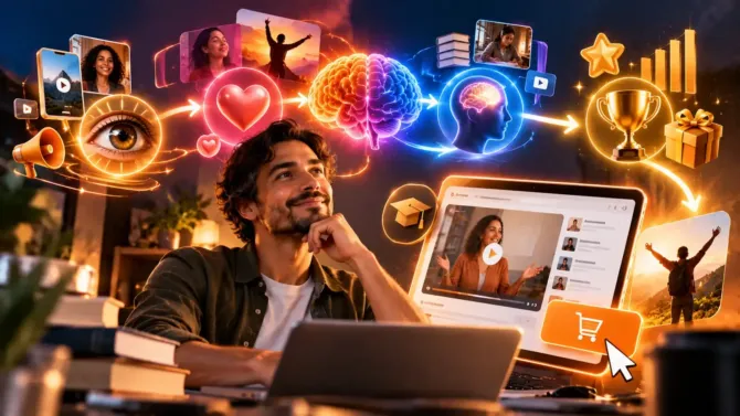 Hombre pensativo frente a la laptop, con íconos de atención, emoción y decisión conectados al cerebro, ilustrando cómo el neuromarketing ayuda a vender infoproductos y cursos online.