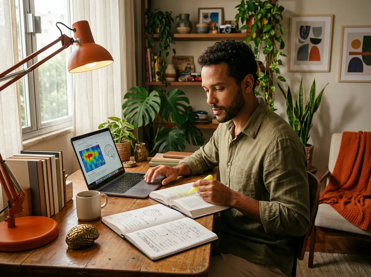 Homem estudando neuromarketing em seu escritório em casa, destacando trechos de um livro enquanto analisa no notebook um mapa de calor de atenção sobre uma página.