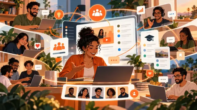 Mulher sorri durante uma aula em vídeo, cercada por ícones de comunidade e pessoas conectadas em chamadas, ilustrando o que é uma comunidade digital de aprendizado.