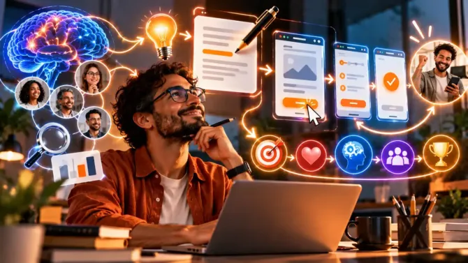 Homem pensativo com notebook, cérebro e lâmpada de ideia conectados a telas de aplicativo com textos e botões, ilustrando o que é UX writing e seu processo criativo.