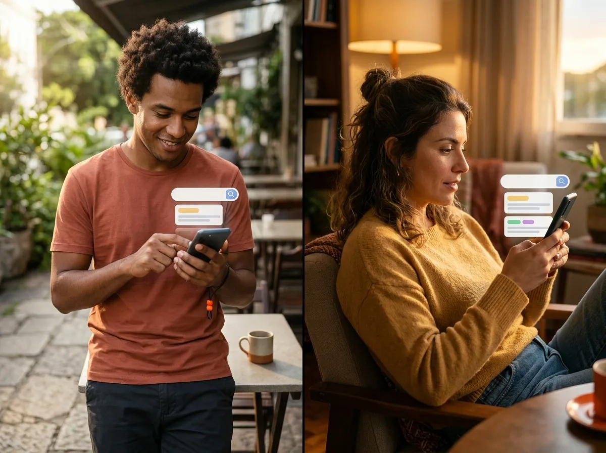 Person searching on a phone for how to sell a course, next to another person searching for the best online finance courses using an AI tool