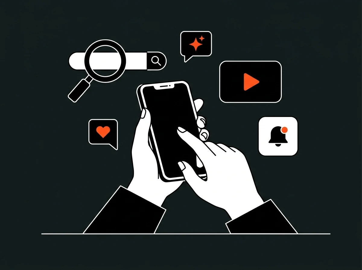 Person using a smartphone surrounded by icons representing Google search, AI search, video, and social media, examples of organic traffic