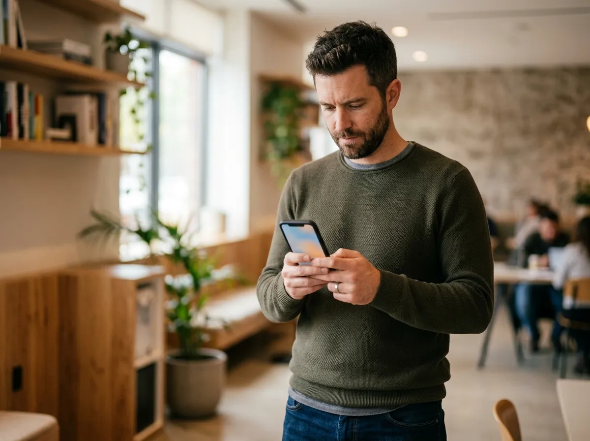 hombre mirando el celular pensando en la utilidad del copywriting
