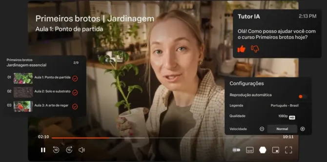 Player de vídeo-aula de um curso online com lista de módulos, chat de tutor IA e configurações avançadas, recursos de uma plataforma de curso online com área de membros premium.