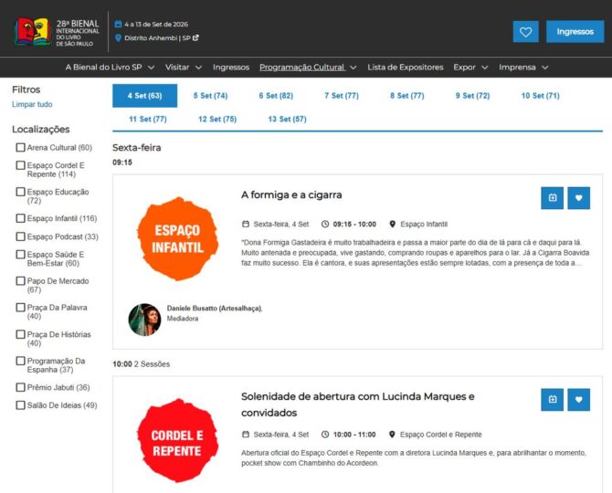 Página da programação da Bienal do Livro apresenta datas, horários, espaços e atividades culturais da 28ª Bienal Internacional do Livro de São Paulo.