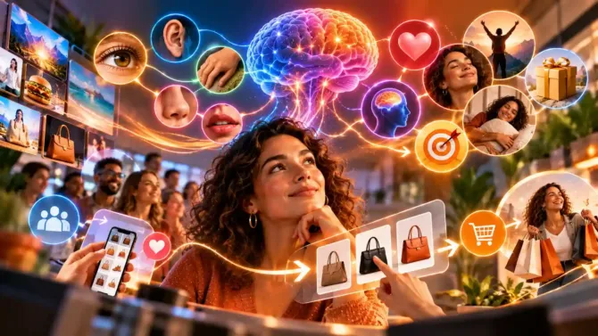 Mujer con cerebro iluminado conectado a los cinco sentidos, emociones y prueba social, eligiendo entre productos hasta finalizar la compra, ilustrando los procesos de la psicología del consumidor.