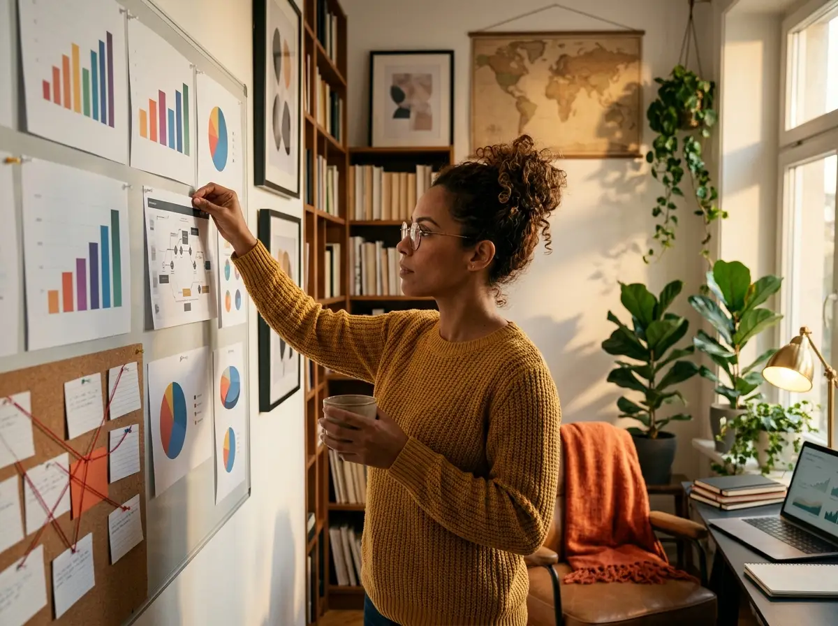 Especialista en psicología del consumidor colocando un mapa del recorrido de compra en un tablero con gráficos, en una oficina rodeada de libros, plantas y mapas.