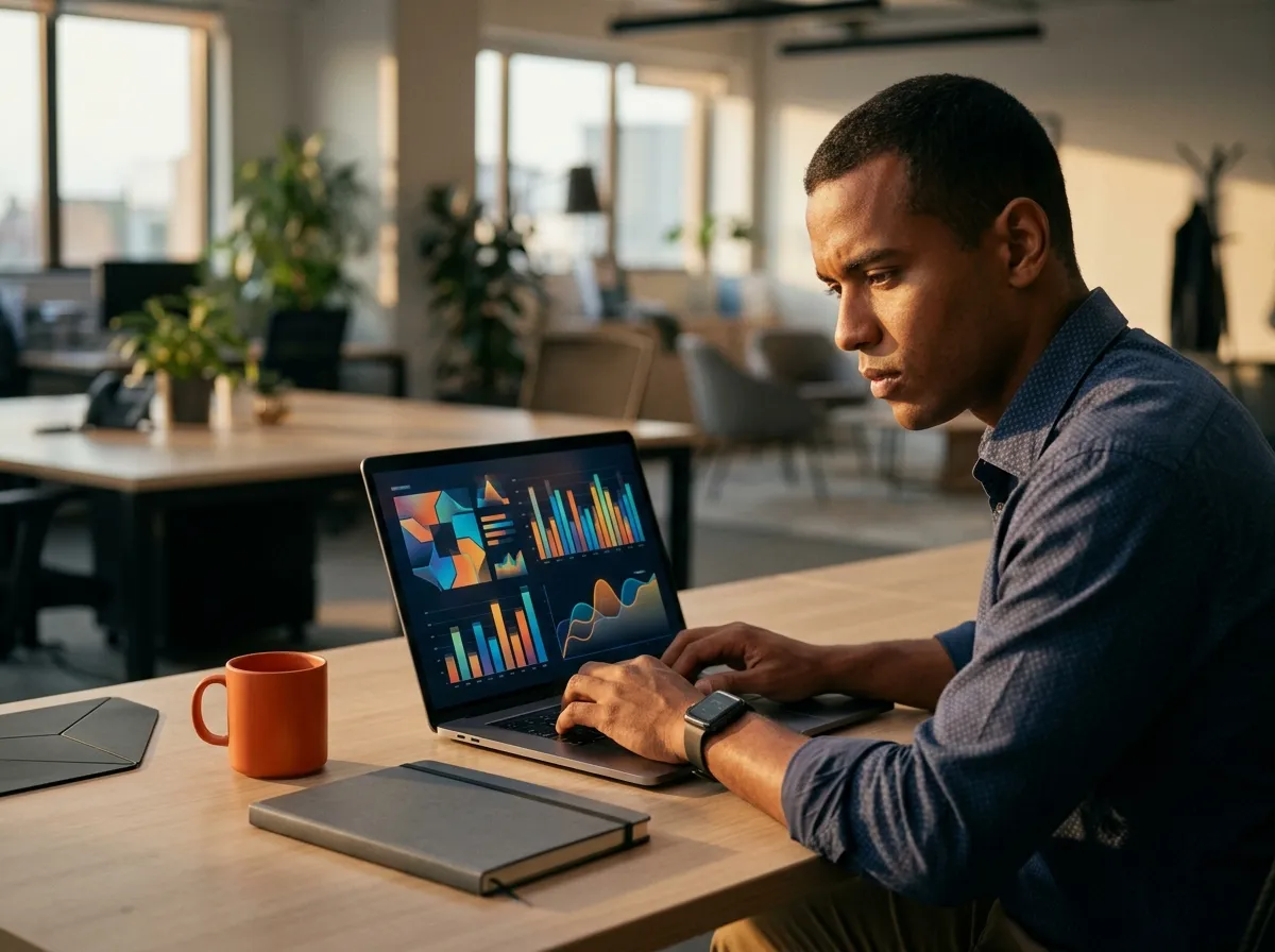 Especialista en tráfico pago planeando una campaña de remarketing en la laptop, en una agencia de marketing