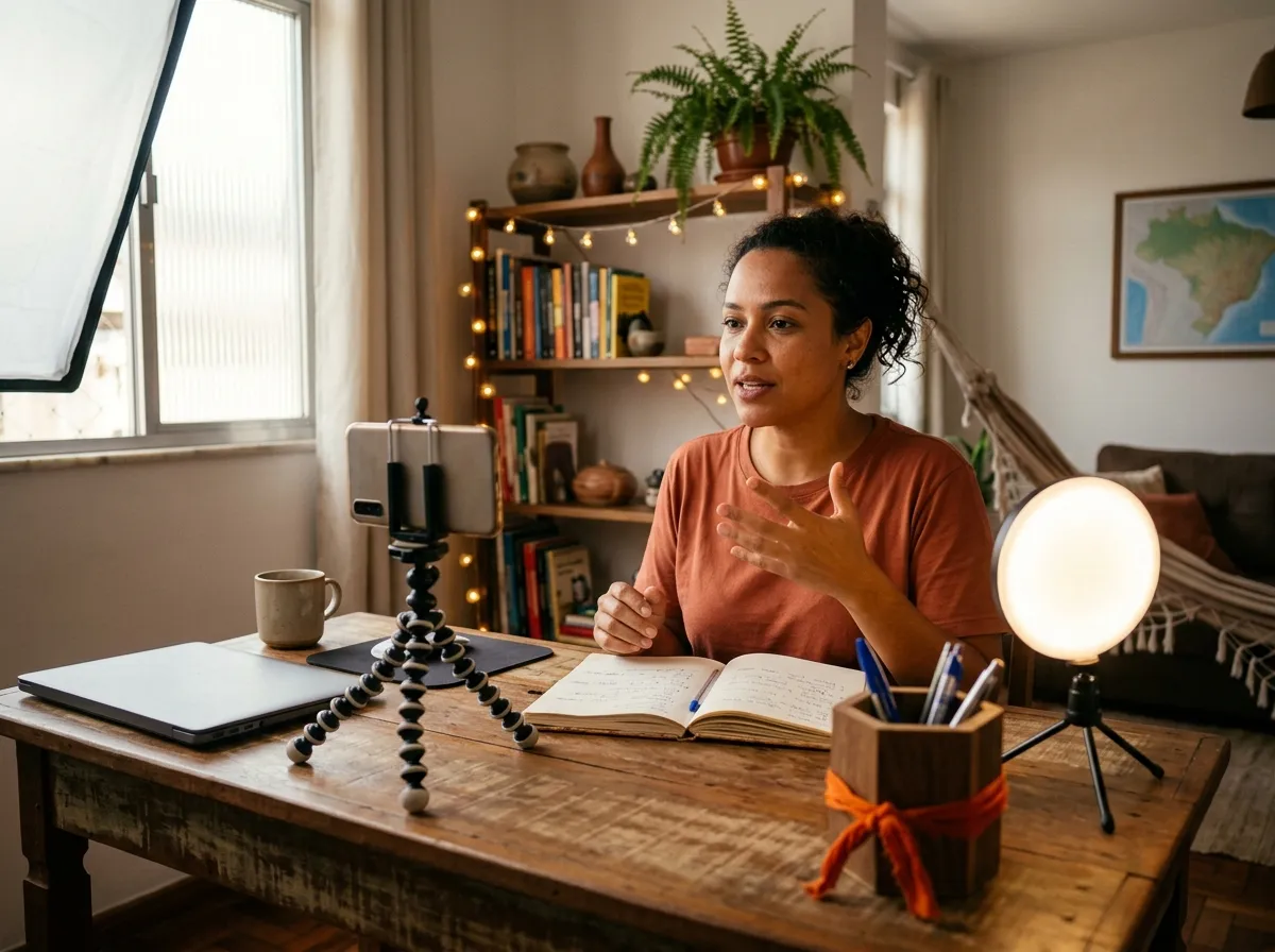 Person recording a VSL (Video Sales Letter) in an improvised home-office studio