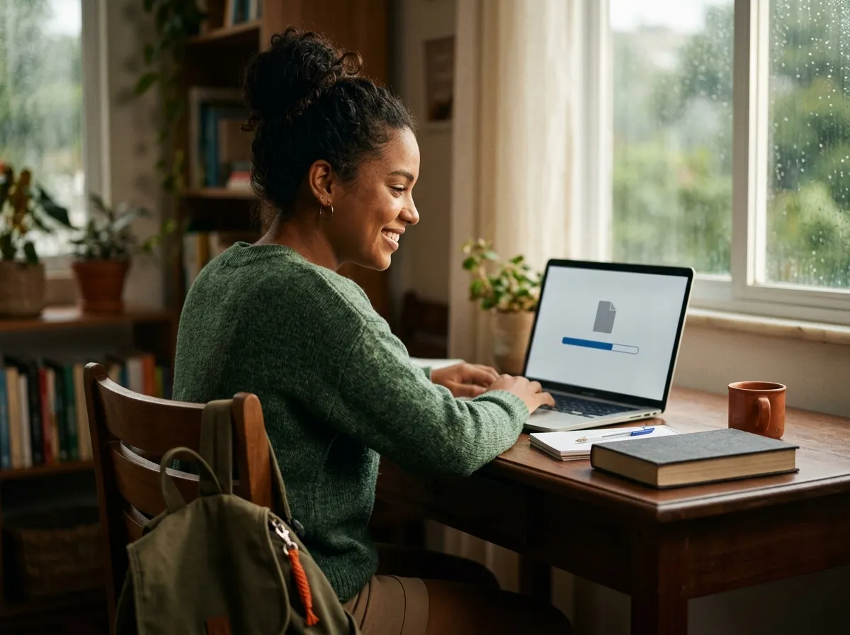 University student downloading an ebook on the computer, an example of remarketing for a free resource