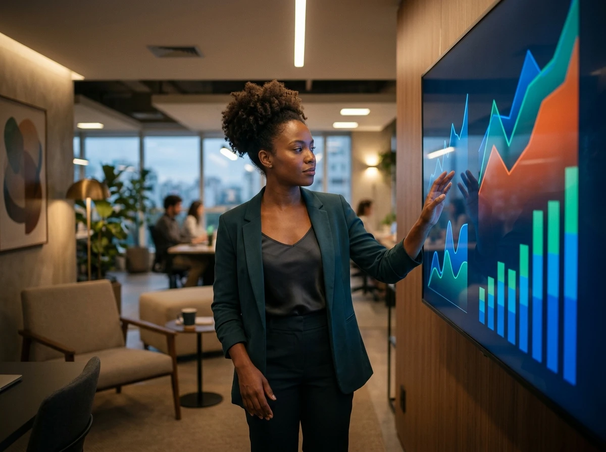Traffic manager analyzing remarketing campaign results on a large screen