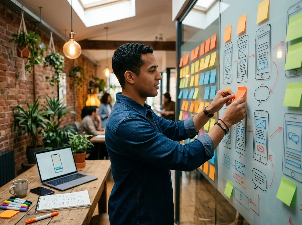 Publicista haciendo una lluvia de ideas sobre UX writing, pegando notas adhesivas en una pared de vidrio con bocetos de pantallas de aplicaciones, botones y globos de mensaje.