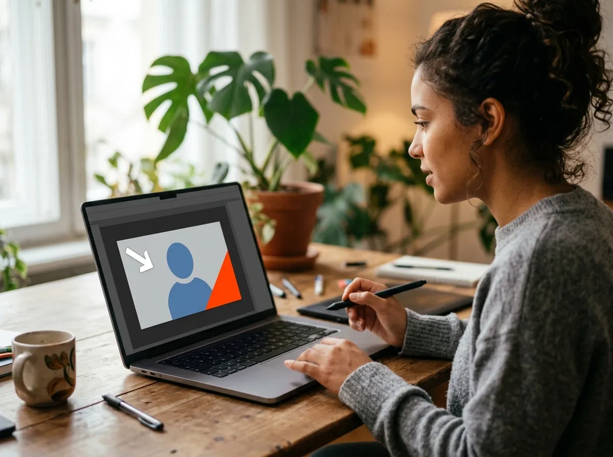 Designer creating a YouTube thumbnail template on a laptop