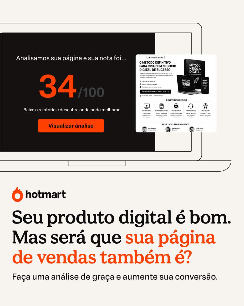 Landing page analyzer da Hotmart exibindo análise de página de vendas com nota 34 de 100 e relatório de melhorias para aumentar a conversão.
