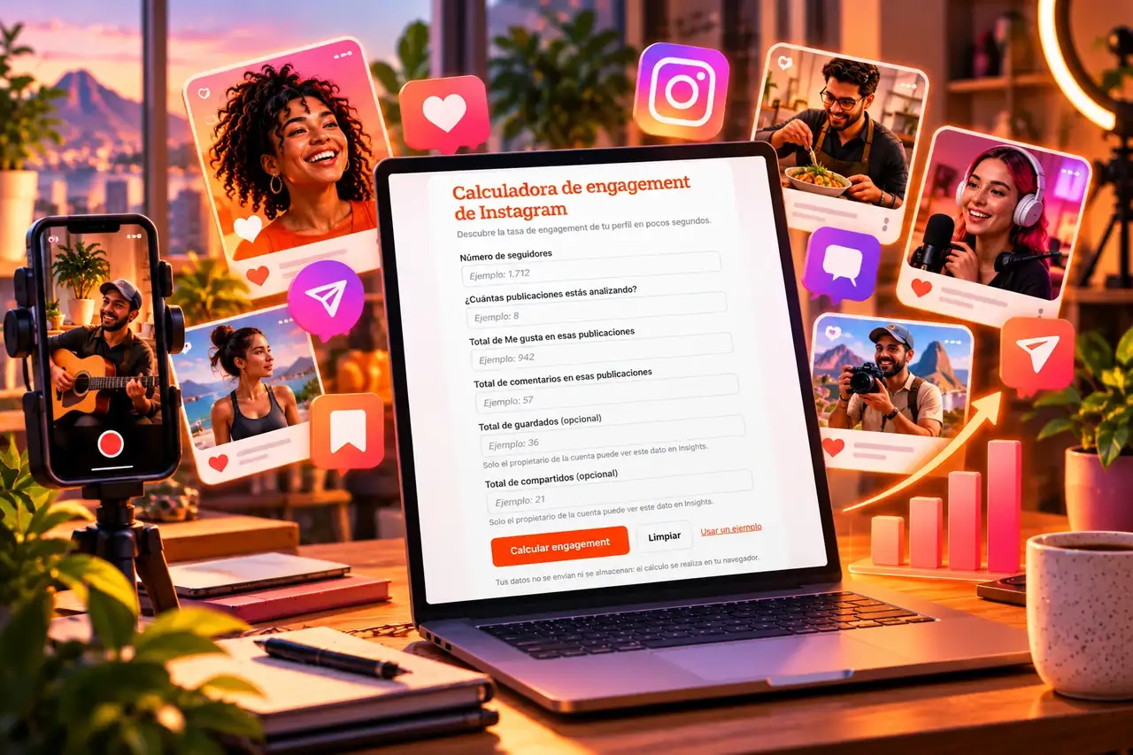 Pantalla de laptop con la calculadora de engagement para Instagram completada con ejemplos de seguidores, publicaciones, me gusta y comentarios, junto a publicaciones e íconos de interacción