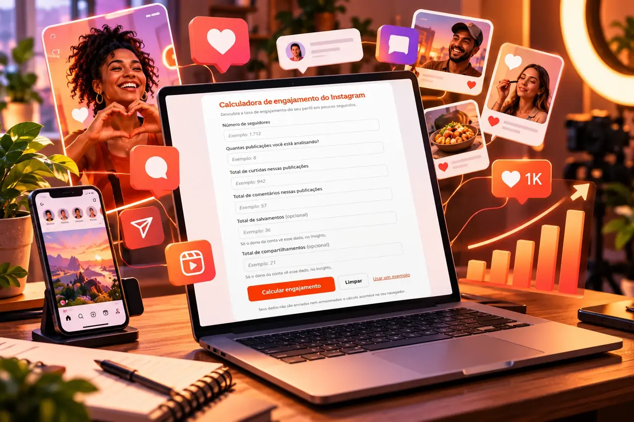 Tela de notebook com a calculadora de engajamento do Instagram preenchida com exemplos de seguidores, publicações, curtidas e comentários, ao lado de posts e ícones de interação