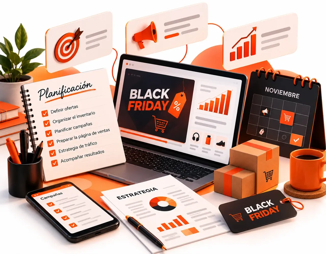 Escritorio con lista de planificación, laptop con campaña de Black Friday, calendario de noviembre y cajas de productos, mostrando cómo organizar una campaña de Black Friday.