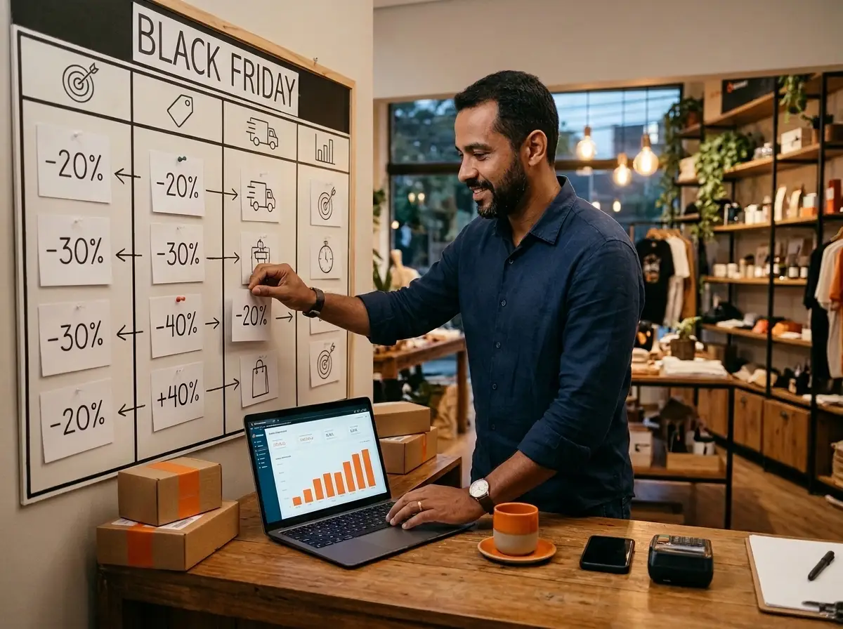 Emprendedor organiza la planificación de su campaña de Black Friday en un tablero con metas y descuentos en su tienda, mientras sigue el crecimiento de las ventas.