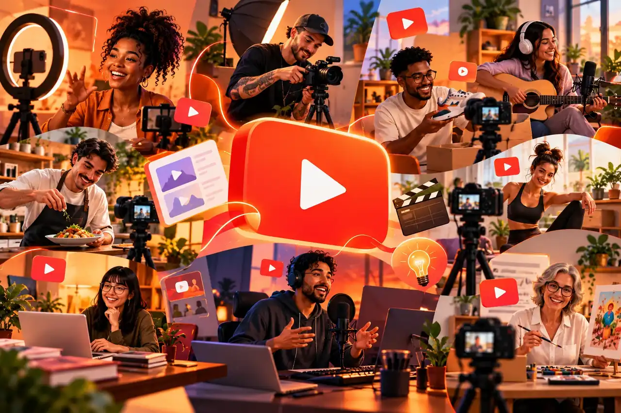 Criadores de conteúdo gravam vídeos de culinária, música, fitness, arte e unboxing em volta do logo do YouTube, ilustrando como criar um canal no YouTube
