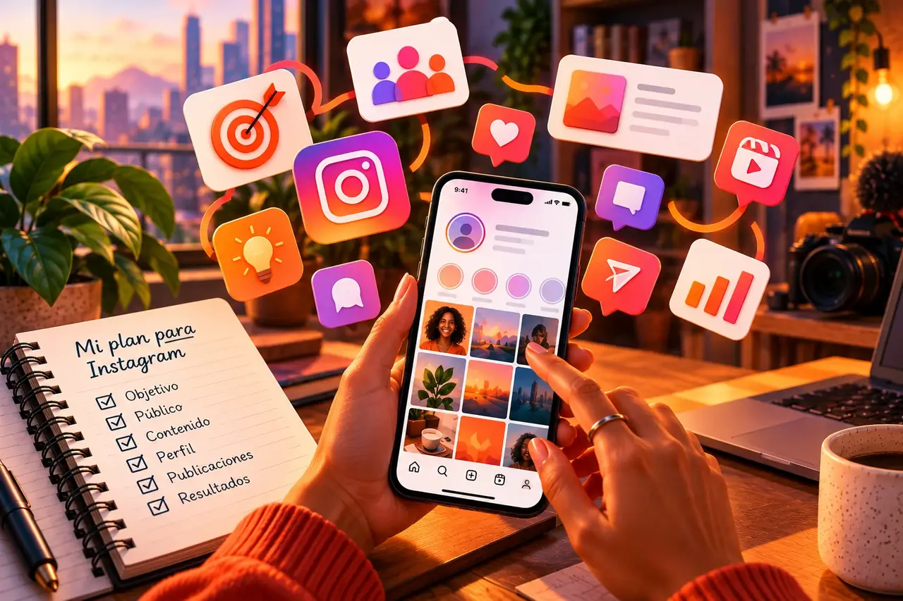 Persona sosteniendo un celular con un perfil de Instagram abierto, junto a un cuaderno con el plan de cómo empezar en Instagram: objetivo, público, contenido, perfil, publicaciones y resultados