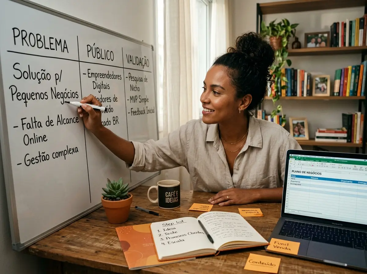 Empreendedora digital planejando como empreender do zero em um quadro branco dividido entre problema, público e validação, com notebook e caderno de anotações na mesa do home office.
