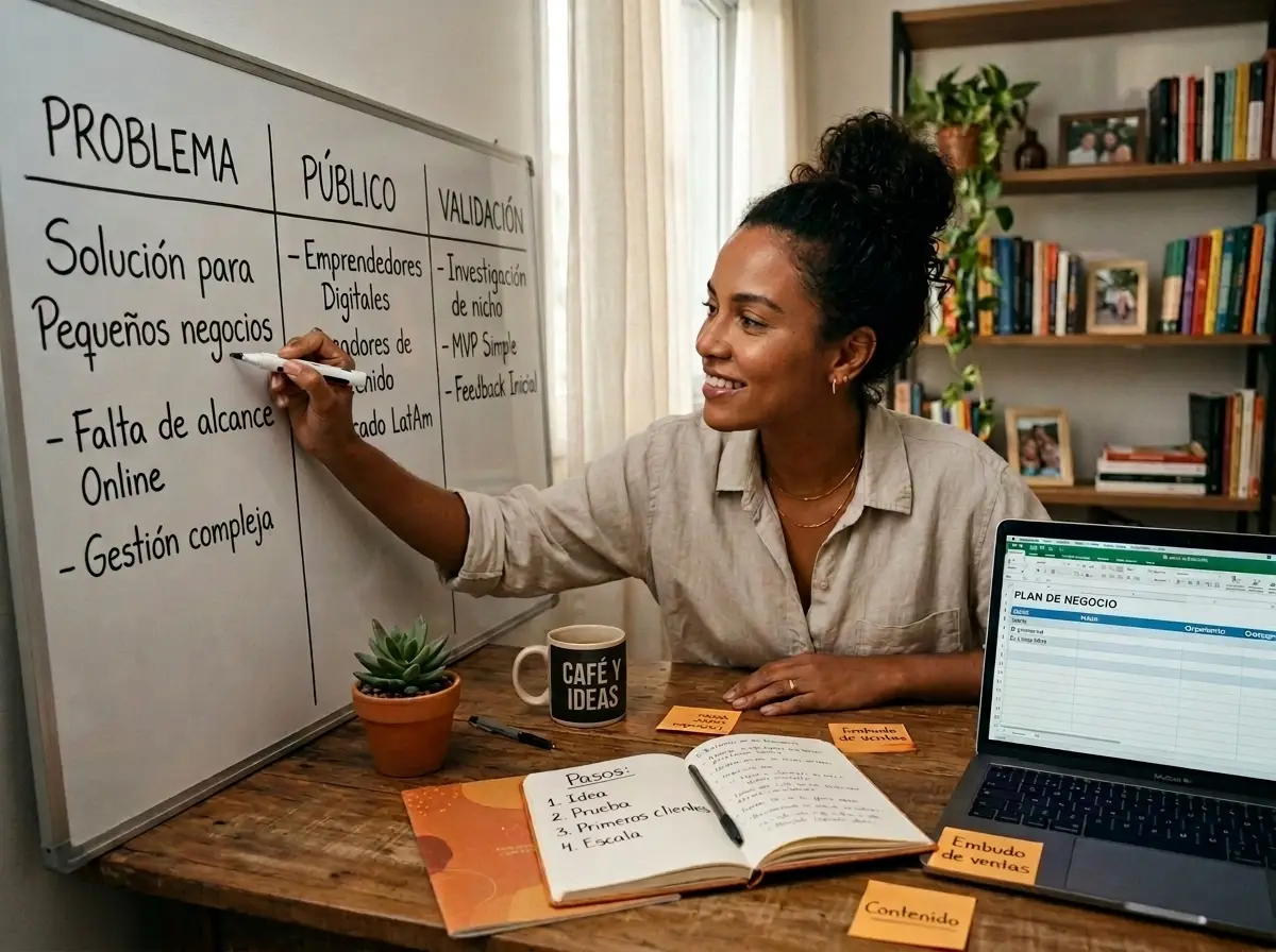Emprendedora digital planificando cómo emprender un negocio desde cero en una pizarra dividida entre problema, público y validación, con laptop y cuaderno en su oficina en casa.