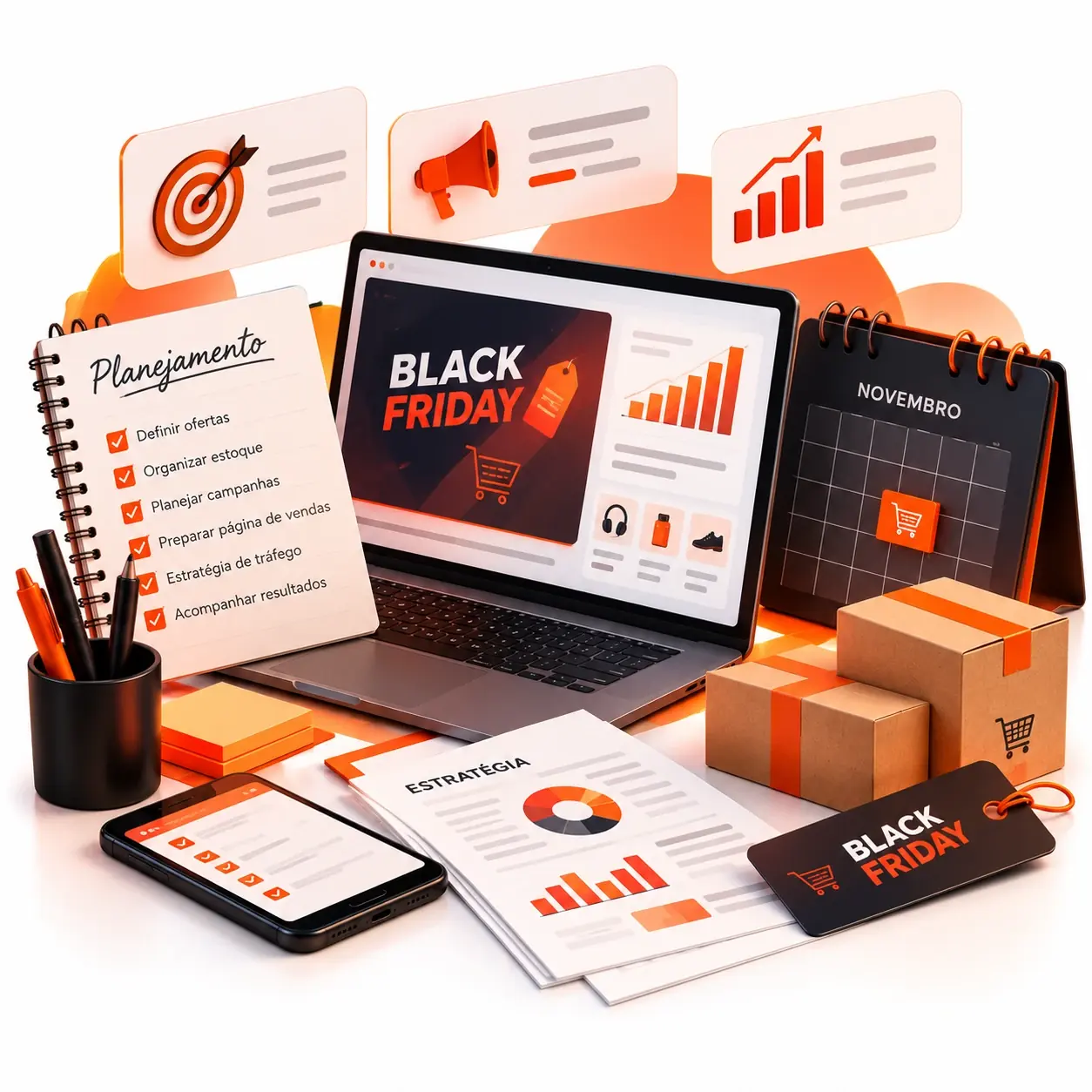Mesa de trabalho com checklist de planejamento, notebook com campanha de Black Friday, calendário de novembro e caixas de produtos, mostrando como fazer Black Friday passo a passo.