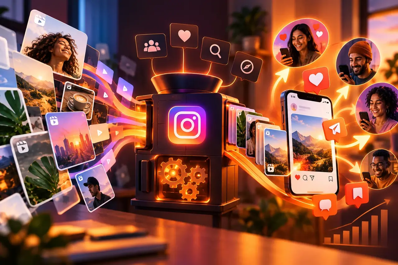 Fotos y Reels pasan por una máquina con el logo de Instagram y llegan al celular de nuevas personas, explicando cómo funciona el algoritmo de Instagram para quienes están empezando