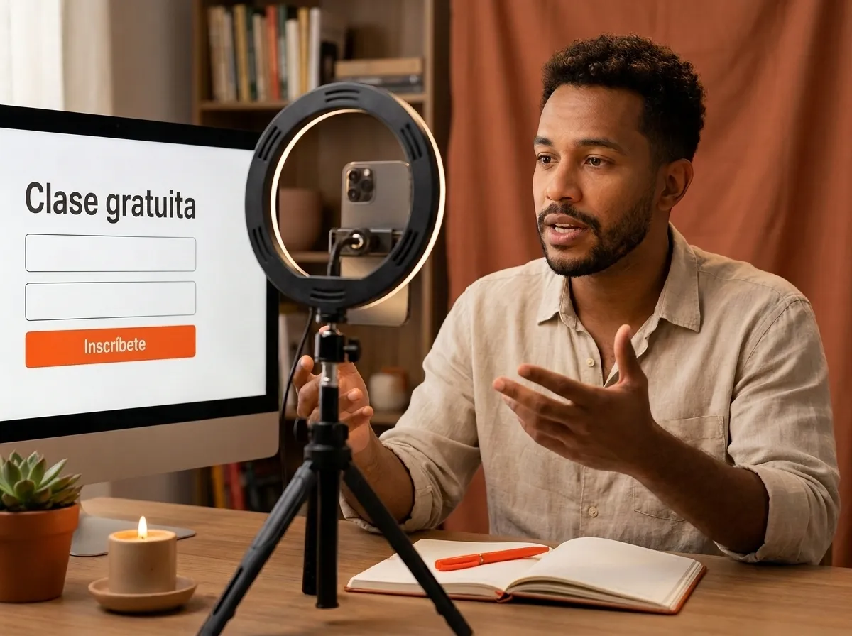 Creador de contenido grabando una clase gratuita con aro de luz y teléfono, junto a una página de inscripción, ejemplo de cómo generar leads para cursos online