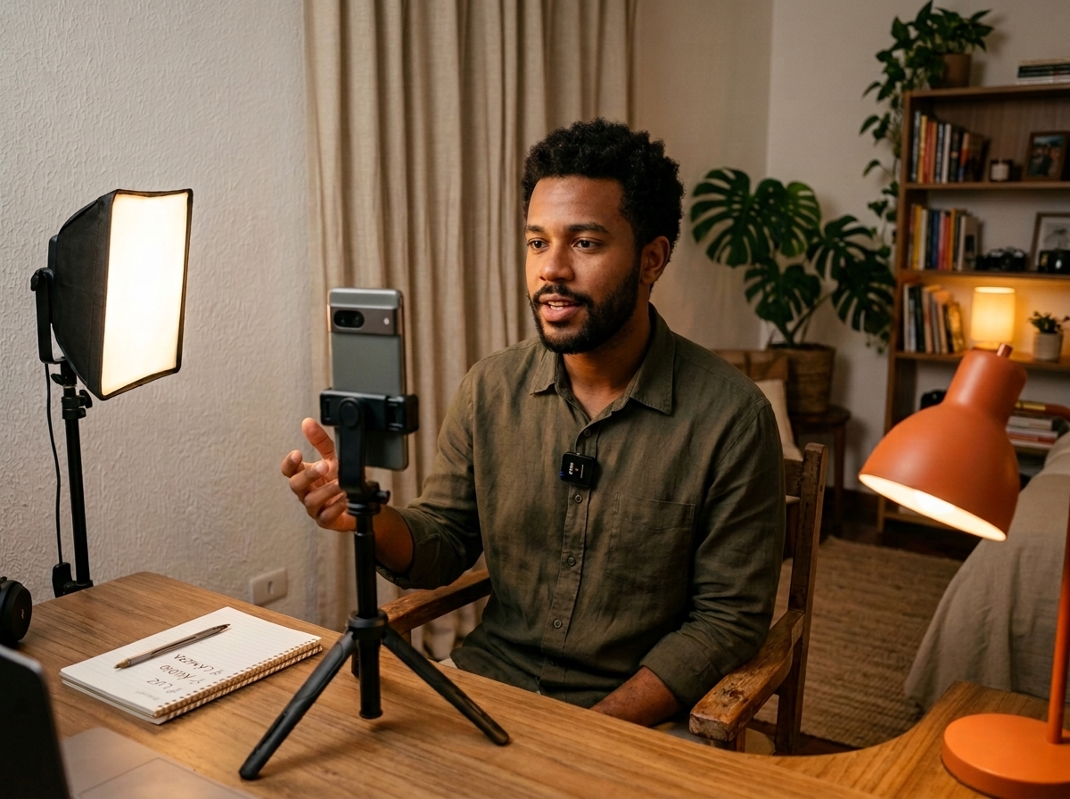 Criador de conteúdo grava vídeo com celular no tripé e microfone de lapela, iluminado por um softbox, em um home studio de gravação montado no canto do quarto