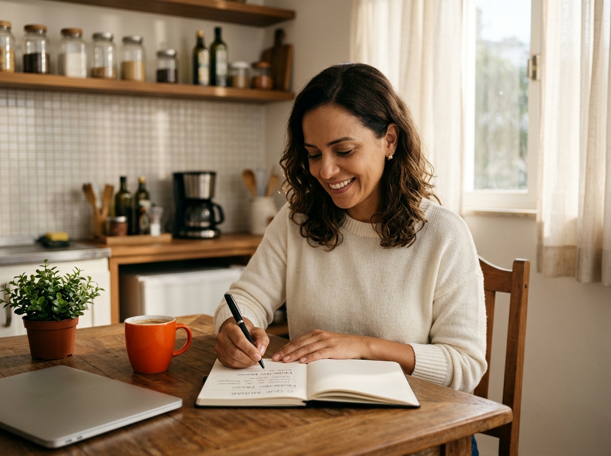Mulher sorri enquanto escreve num caderno, na mesa da cozinha pela manhã, um plano com o que mudar e o primeiro passo, pensando em como mudar de vida