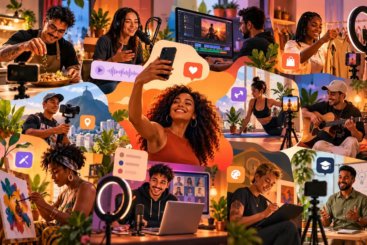 Colagem de criadores de conteúdo brasileiros gravando receitas, podcasts, vídeos, aulas, música, arte e moda com celular e ring light, representando a creator economy no Brasil