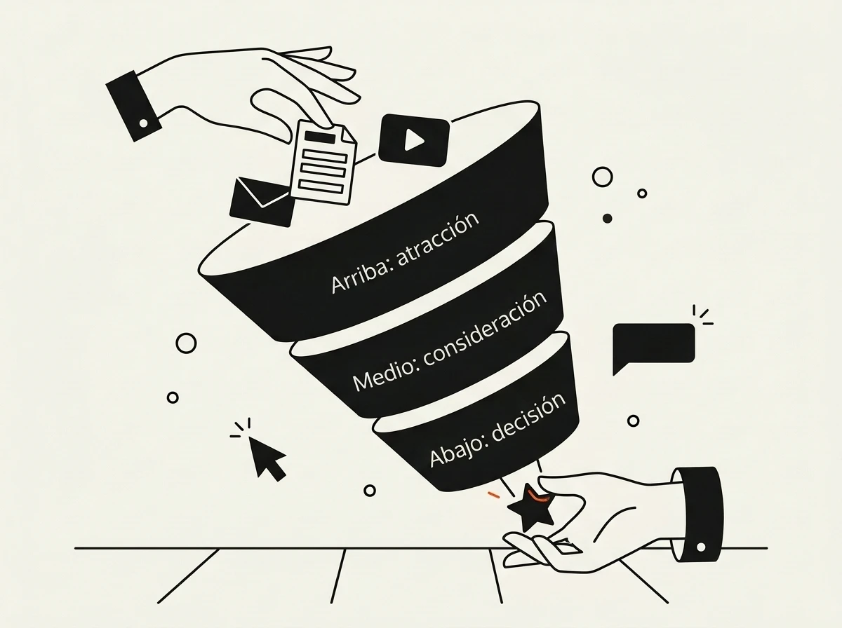 Ilustración del embudo de ventas y generación de leads, con manos que colocan íconos de email y formulario en la parte superior y las etapas de atracción, consideración y decisión