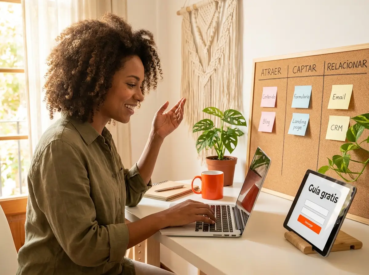 Emprendedora trabajando en su estrategia de generación de leads, con una tablet que muestra una página de captura y un tablero organizado en atraer, captar y relacionar