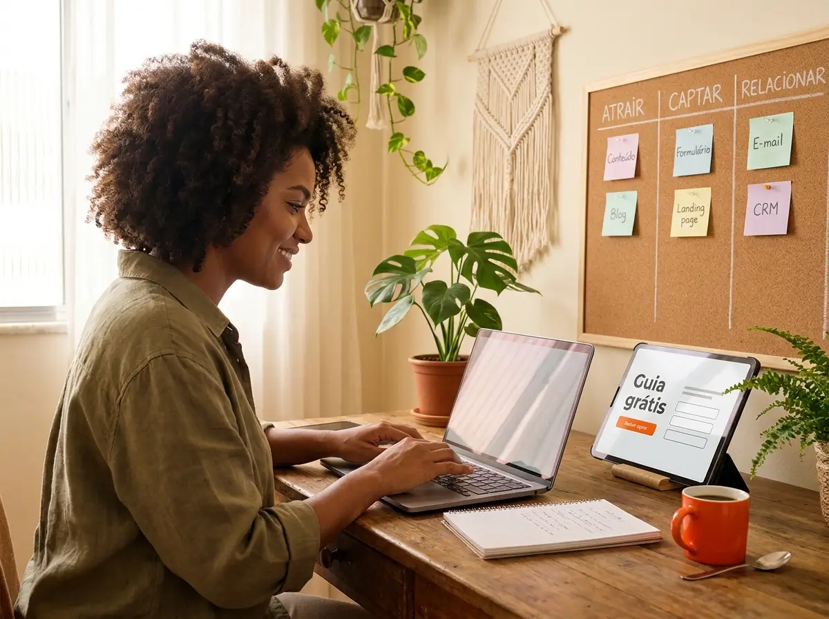 Empreendedora trabalhando em estratégia de geração de leads no notebook, com tablet exibindo página de captura de guia grátis e quadro organizado em atrair, captar e relacionar