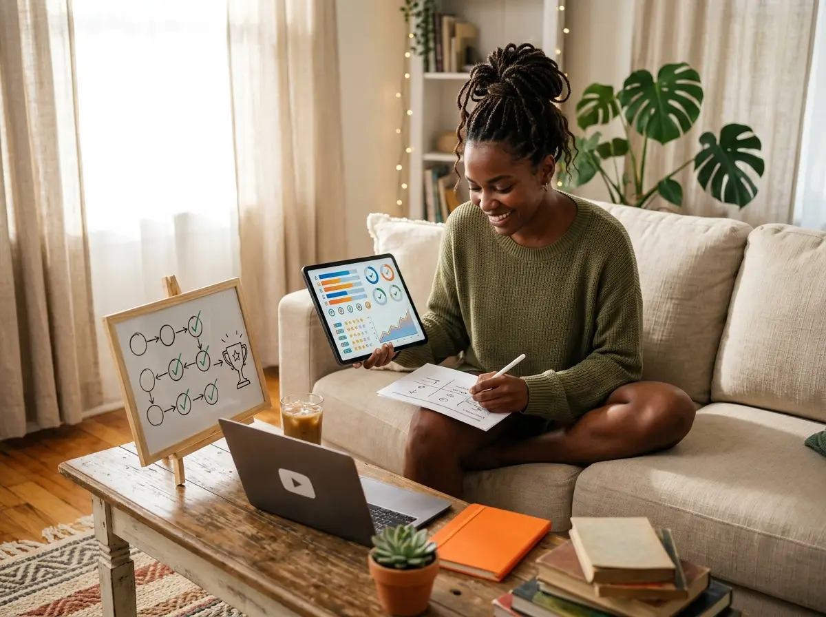 Creator on her sofa studying how to build a learning path that engages students, reviewing progress and completion metrics on a tablet next to a whiteboard showing the stages.