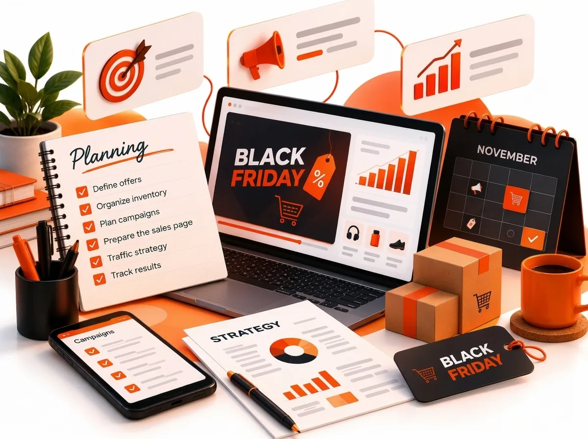 Desk with a planning checklist, a laptop showing a Black Friday campaign, a November calendar and product boxes, illustrating how to prepare for Black Friday step by step.