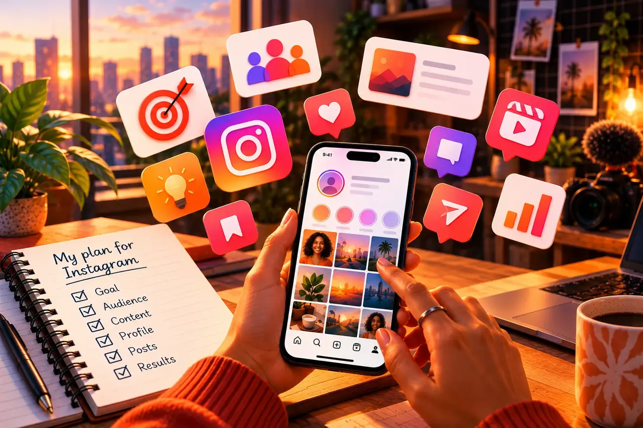 Person holding a phone with an Instagram profile open, next to a notebook with a plan for how to start an Instagram: goal, audience, content, profile, posts and results