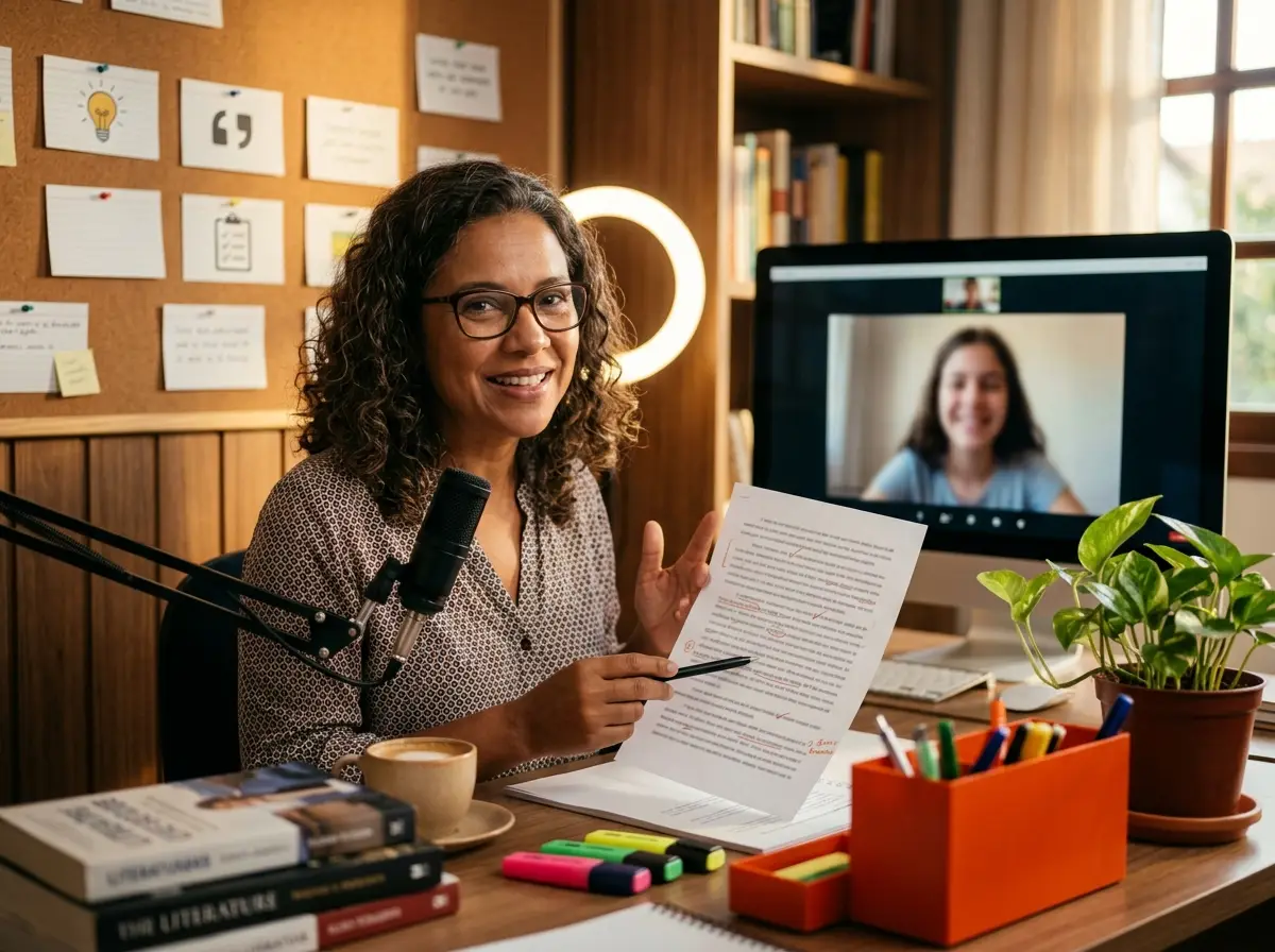 Writing tutor teaching an online private lesson over a video call, showing a student the corrections on an essay, an example of how to teach online classes from home.